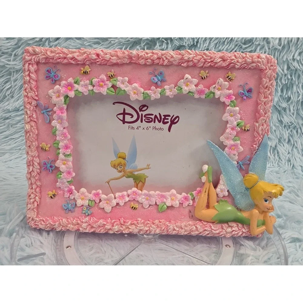 Disney Tinker Bell 4x6 Photo Frame Pink Resin 3D Fairy Flowers Bees Glitter